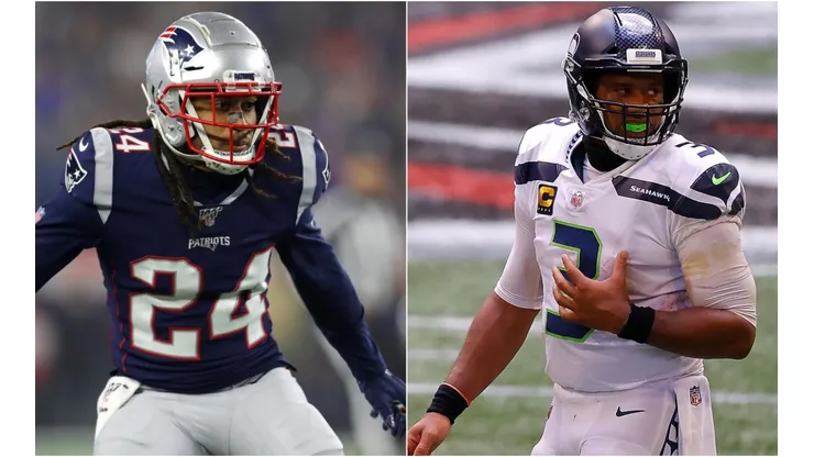 Stephon Gilmore (left) and Russell Wilson. (Getty)