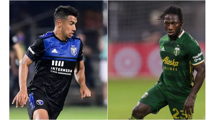 San Jose Earthquakes vs Portland Timbers: Andrés Ríos of SJE (left) and Yimmi Chará of the Timbers (Getty).