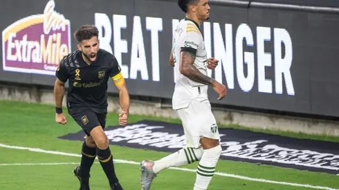 LAFC forward Diego Rossi (left) celebrates after scoring against Portland Timbers in one of the MLS Week 11 games (Getty).