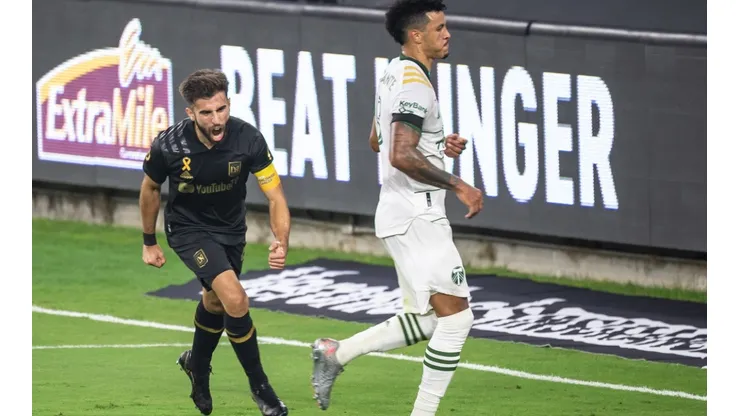 LAFC forward Diego Rossi (left) celebrates after scoring against Portland Timbers in one of the MLS Week 11 games (Getty).