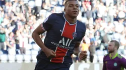 Kylian Mbappe of Paris Saint Germain celebrates scoring a goal. (Getty)