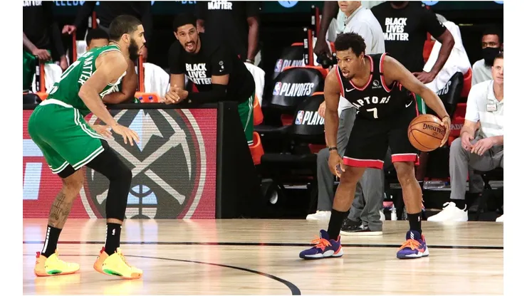 Jayson Tatum guarding Kyle Lowry. (Getty)