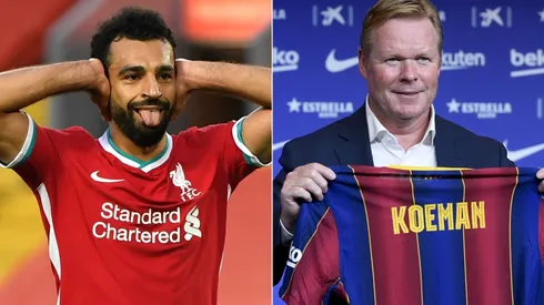 Mohamed Salah of Liverpool (left) and Barcelona coach Ronald Koeman (right). (Getty)