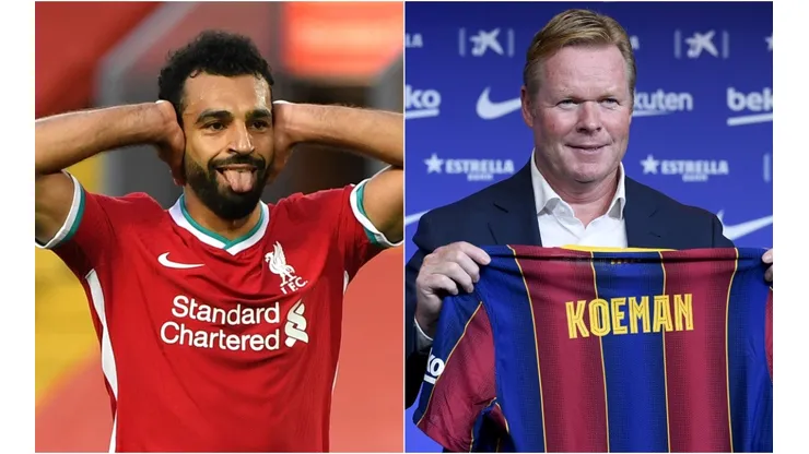 Mohamed Salah of Liverpool (left) and Barcelona coach Ronald Koeman (right). (Getty)