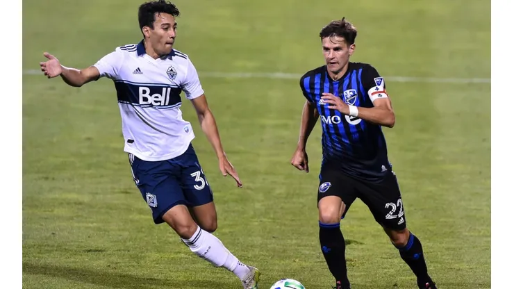 Patrick Metcalfe of Vancouver Whitecaps (left) and Jukka Raitala of Montreal Impact (right). (Getty)