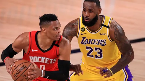 LeBron James guarding Russell Westbrook. (Getty)