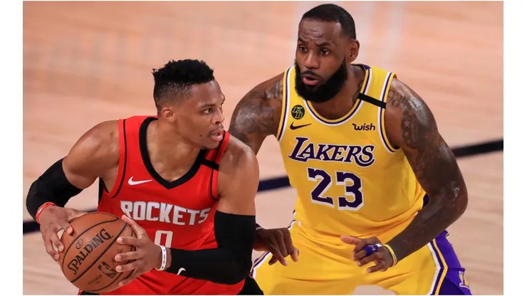 LeBron James guarding Russell Westbrook. (Getty)