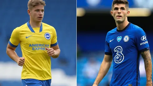 Max Sanders of Brighton (left) and Christian Pulisic of Chelsea (right). (Getty)
