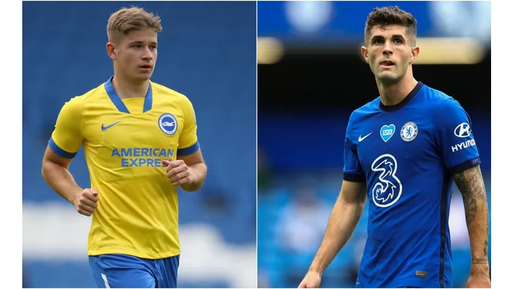 Max Sanders of Brighton (left) and Christian Pulisic of Chelsea (right). (Getty)
