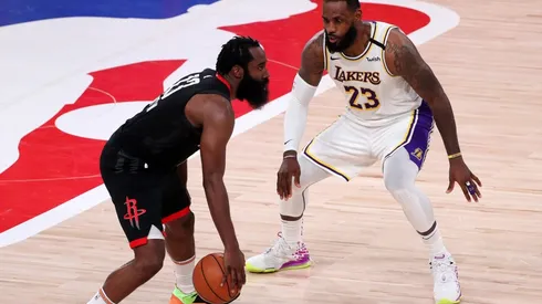LeBron James guarding James Harden. (Getty)