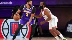 James Harden guarding Anthony Davis in the post. (Getty)