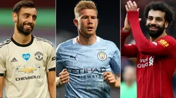 Bruno Fernandes of Manchester United (left), Kevin de Bruyne of Manchester City (center) and Mohamed Salah of Liverpool (Getty).