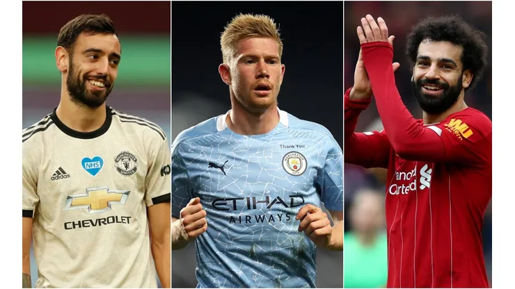 Bruno Fernandes of Manchester United (left), Kevin de Bruyne of Manchester City (center) and Mohamed Salah of Liverpool (Getty).