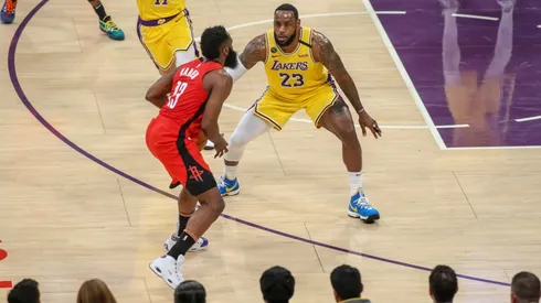 LeBron James guarding James Harden. (Getty)