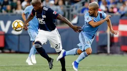 New England Revolution vs. New York City FC: Luis Caicedo of New England (left) and Maxi Moralez of NYCFC (Getty).