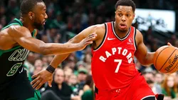 Kemba Walker guarding Kyle Lowry of the Raptors. (Getty)