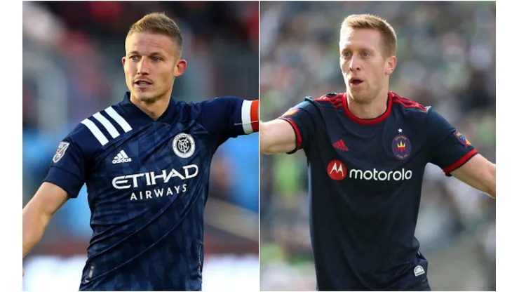 New York City FC vs. Chicago Fire FC: Alexander Ring of NYCFC (left) and Robert Beric of Chicago Fire (Getty).