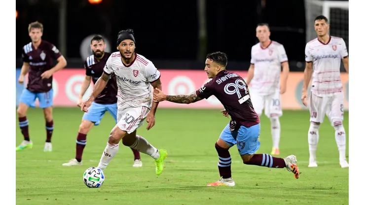 Colorado Rapids vs. Real Salt Lake: Marcelo Silva of Real Salt Lake (left) carries the ball past Andre Shinyashiki of Colorado Rapids (Getty).