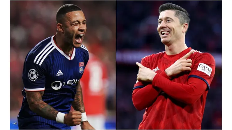 Lyon vs. Bayern Munich: Memphis Depay (left) and Robert Lewandowski celebrate after scoring for their teams (Getty).