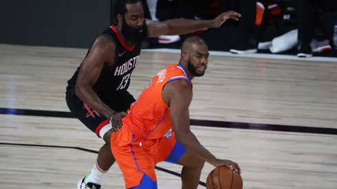 James Harden (left) guarding Chris Paul. (Getty)