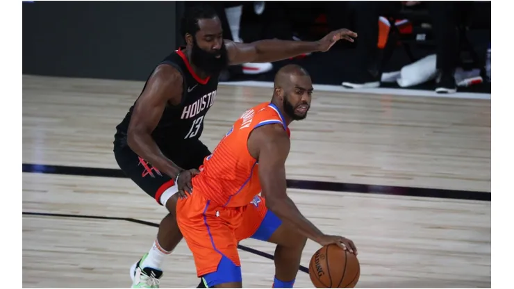 James Harden (left) guarding Chris Paul. (Getty)