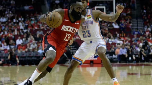 James Harden dribbles past Terrance Ferguson. (Getty)