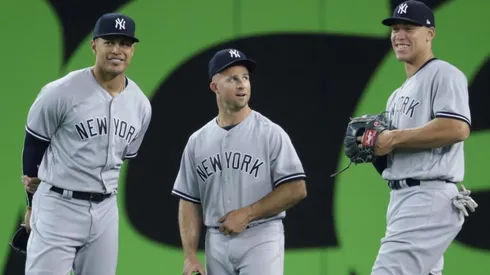 Giancarlo Stanton, Brett Gardner & Aaron Judge of the New York Yankees. (Getty)