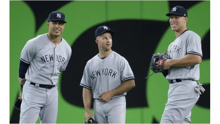 Giancarlo Stanton, Brett Gardner & Aaron Judge of the New York Yankees. (Getty)