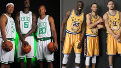 Paul Pierce, Kevin Garnett, and Ray Allen & Stephen Curry, Klay Thompson, and Draymond Green. (Getty)