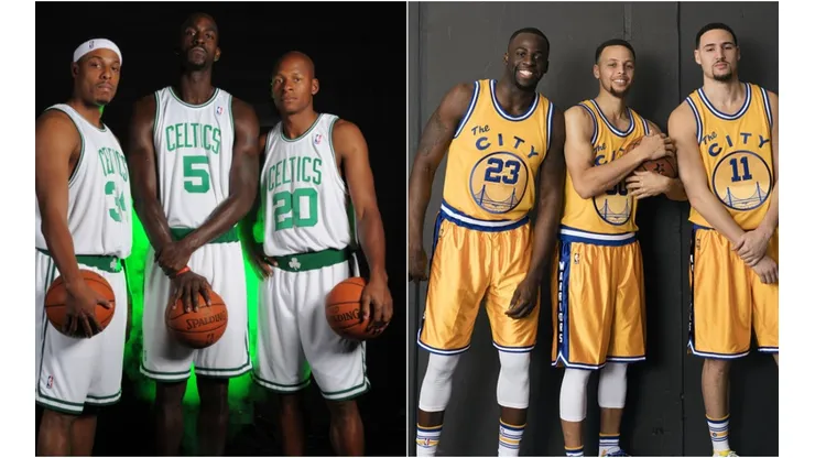 Paul Pierce, Kevin Garnett, and Ray Allen & Stephen Curry, Klay Thompson, and Draymond Green. (Getty)
