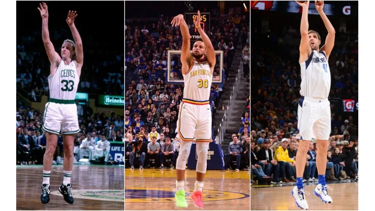 Larry Bird, Stephen Curry & Dirk Nowitzki. (Getty)