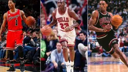 Derrick Rose, Michael Jordan & Scottie Pippen. (Getty)