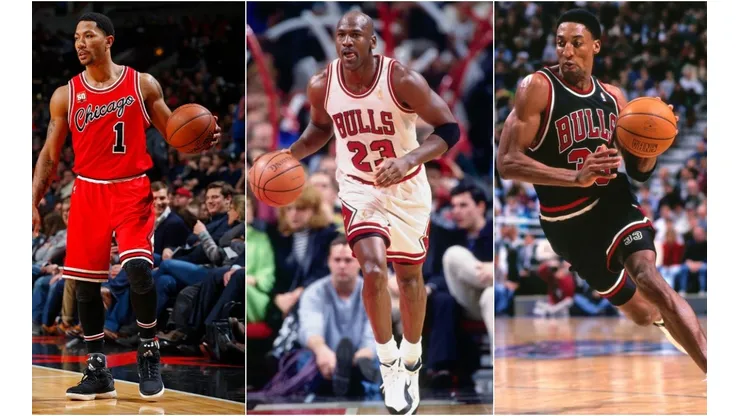 Derrick Rose, Michael Jordan & Scottie Pippen. (Getty)