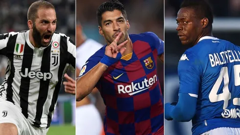 Juventus' Gonzalo Higuaín, Barcelona's Luis Suárez and Brescia's Mario Balotelli (Getty).