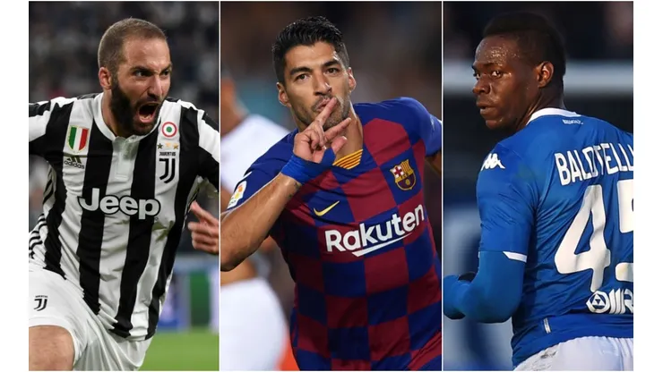 Juventus' Gonzalo Higuaín, Barcelona's Luis Suárez and Brescia's Mario Balotelli (Getty).