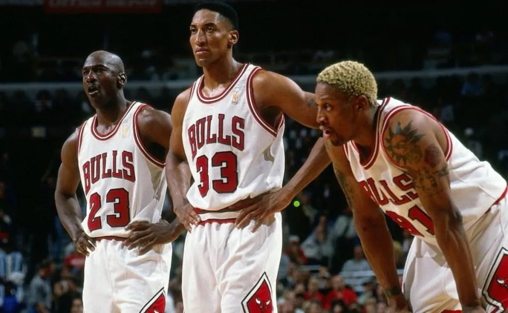 Michael Jordan, Scottie Pippen & Dennis Rodman. (Getty)