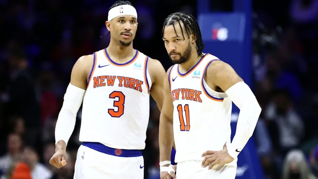 Josh Hart #3 and Jalen Brunson #11 of the New York Knicks look on during the third quarter against the Philadelphia 76ers. Tim Nwachukwu/Getty Images