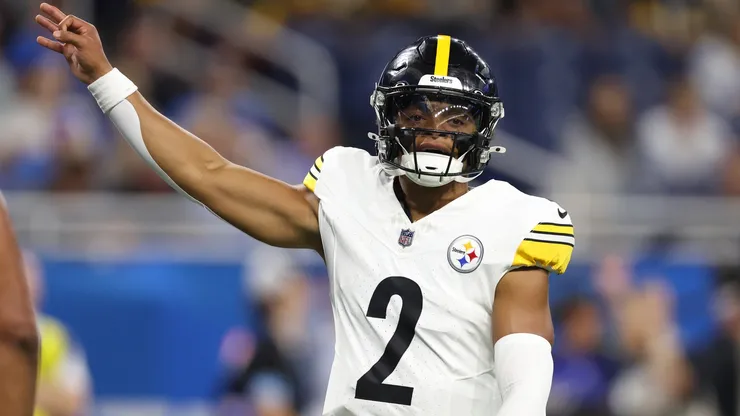 Justin Fields #2 of the Pittsburgh Steelers calls out signals while playing the Detroit Lions in a preseason game at Ford Field on August 24, 2024 in Detroit, Michigan.