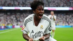 Endrick of Real Madrid celebrates scoring his team's third goal during the La Liga match between Real Madrid CF and Real Valladolid CF