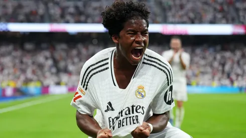 Endrick of Real Madrid celebrates scoring his team's third goal during the La Liga match between Real Madrid CF and Real Valladolid CF