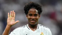 Endrick of Real Madrid celebrates scoring his team's third goal during the La Liga match between Real Madrid CF and Real Valladolid CF at Estadio Santiago Bernabeu on August 25, 2024 in Madrid, Spain.