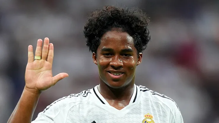 Endrick of Real Madrid celebrates scoring his team's third goal during the La Liga match between Real Madrid CF and Real Valladolid CF at Estadio Santiago Bernabeu on August 25, 2024 in Madrid, Spain.