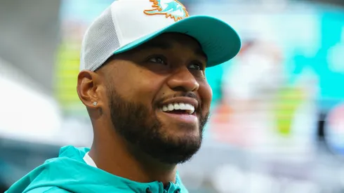 Tua Tagovailoa #1 of the Miami Dolphins looks on prior to a preseason game against the Atlanta Falcons at Hard Rock Stadium on August 09, 2024 in Miami Gardens, Florida.