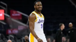 Bronny James Jr. #9 of the Los Angeles Lakers reacts after a no foul call against the Miami Heat