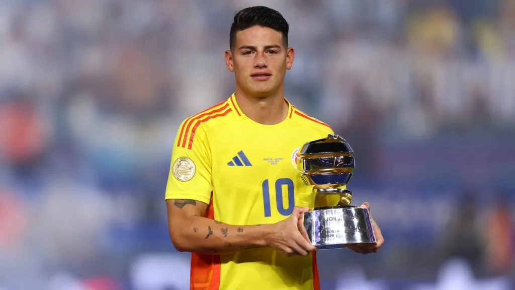 James Rodriguez reacts after receiving the MVP award following the CONMEBOL Copa America 2024 Final. Maddie Meyer/Getty Images