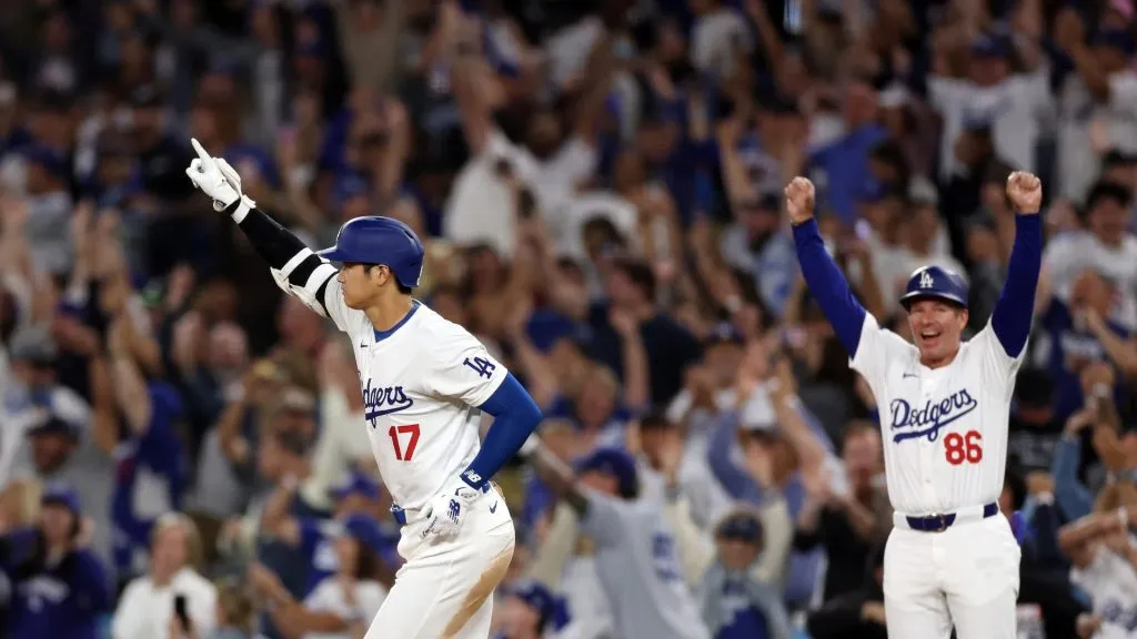 Shohei Ohtani #17 of the Los Angeles Dodgers celebrates after hitting a walk-off grand slam home run during the ninth inning against the Tampa Bay Rays at Dodger Stadium on August 23, 2024 in Los Angeles, California. (Photo by Katelyn Mulcahy/Getty Images)