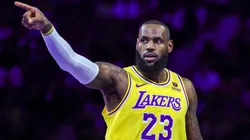 LeBron James #23 of the Los Angeles Lakers gestures in the first half of the West semifinal game of the inaugural NBA In-Season Tournament against the New Orleans Pelicans at T-Mobile Arena on December 07, 2023 in Las Vegas, Nevada.