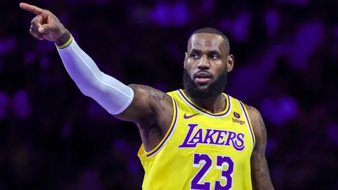 LeBron James #23 of the Los Angeles Lakers gestures in the first half of the West semifinal game of the inaugural NBA In-Season Tournament against the New Orleans Pelicans at T-Mobile Arena on December 07, 2023 in Las Vegas, Nevada.