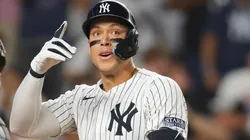 Aaron Judge #99 of the New York Yankees celebrates after hitting a sixth inning home run against the Colorado Rockies at Yankee Stadium on August 23, 2024 in New York City.