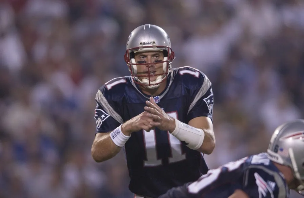 23 Sep 2001: Drew Bledsoe #11 of the New England Patriots signals to his team against the New York Jets during the game at Foxboro Stadium in Foxboro, Massachusetts. The Jets won 10-3. DIGITAL IMAGE. Mandatory Credit: Ezra Shaw/ALLSPORT